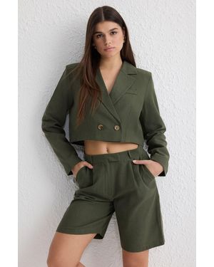 Trendyol Kurze Zweireihige-Blazerjacke – Leinenweberei, Für Damen - Grün