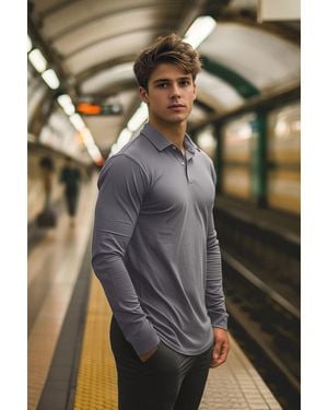 Trendyol Graues Slim-Fit-T-Shirt Mit Polokragen – 100 Baumwolle, Lange Ärmel Für Herren - Lila