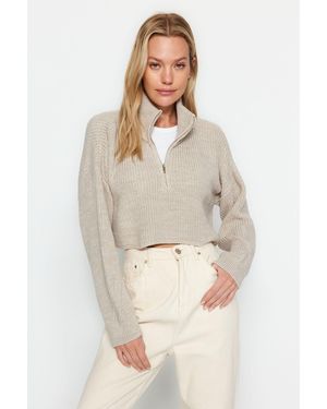 Trendyol Super Crop Stone Strickpullover Mit Reißverschluss – Für Damen - Natur