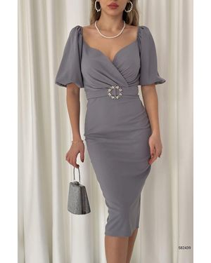 Deafox Graues, Kurzärmliges Kleid Aus Kreppstoff Mit Gürtel Für Damen