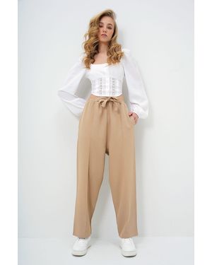 Trend Alaçatı Stili Beigefarbene Palazzo-Pantalon Aus Leinen Mit Hoher Taille Und Doppelten Taschen Für Damen - Natur
