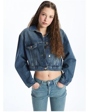 LC Waikiki Gerade Geschnittene Jeansjacke Mit Hemdkragen Und Langen Ärmeln Für Damen - Blau
