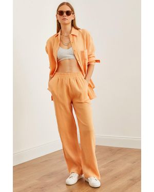 Olalook Lachsfarbene Musselin-Hose – Pnt Mit Elastischem Bund Und Taschen – 19000279 Für Damen - Orange