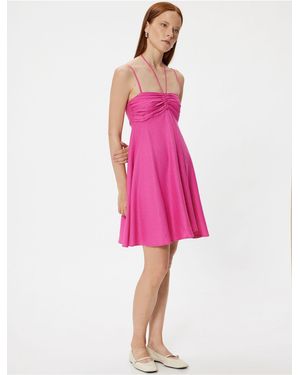 Koton Drapiertes Mini-Trägerkleid – Bindedetail Am Hals Für Damen - Pink
