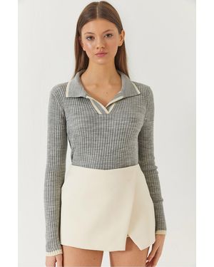 Bianco Lucci Polokragen, Gerippt, Gestreift, Detaillierte Saisonale Langarm-Strickbluse Für Damen - Grau
