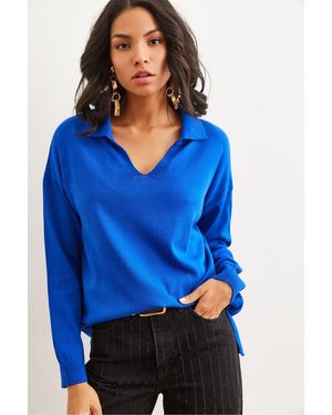 Olalook Saks Polo Collar Basic Strickpullover Kzk- 19000871 Für Damen - Blau