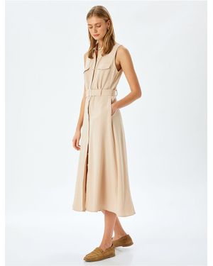 Koton Ärmelloses, Langes Hemdkleid Aus Viskose-Leinen-Mischgewebe Mit Taschen Und Gürtel Für Damen - Weiß