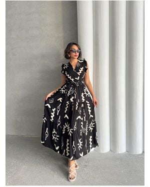 BEJNA Schwarzes, Gewebtes Kleid Mit Fliegenärmeln Und Zweireihigem Ausschnitt Für Damen