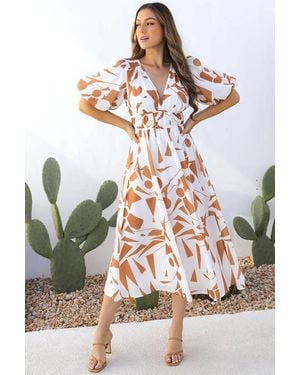 Deafox Braunes, Digital Bedrucktes, Gefüttertes, Tailliertes Midi-Kleid Aus Leinenstoff Für Damen