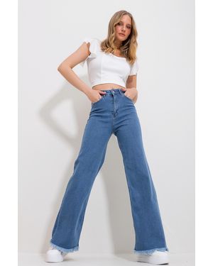 Trend Alaçatı Stili Hellblaue Palazzo-Jeanshose Aus Lycra Mit Fünf Taschen Und Quasten Alc-X11756 Für Damen