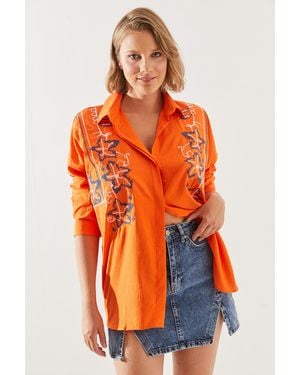 Bianco Lucci Besticktes, Gemustertes, Übergroßes Hemd – 5928 Für Damen - Orange