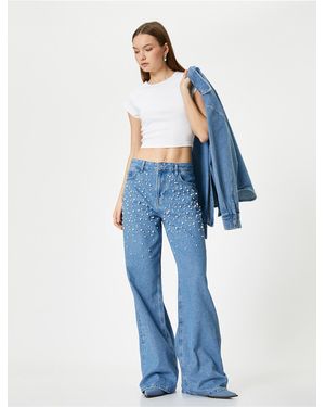 Koton Jeweled Jeans Weites Bein Mit Tasche Standard Taille Bianca Wide Leg Jeans Für Damen - Blau