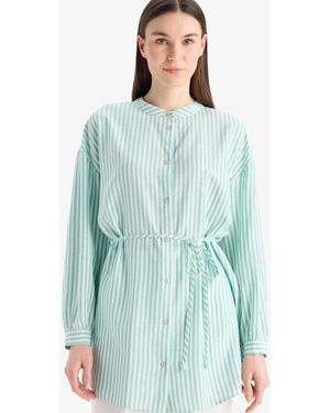 Defacto Relax Fit Gestreifte Langarm-Halbarm-Hijab-Hemden-Tunika E5360Ax25Sp Für Damen - Blau