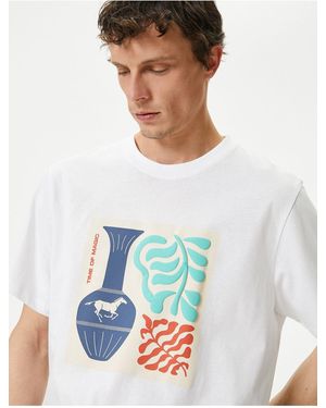 Koton Baumwoll-T-Shirt Mit Rundhalsausschnitt – Geprägter Aufdruck Und Slogan Für Herren - Weiß