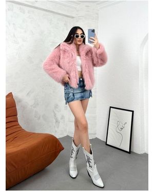 ZF BUTİK Importierter Pelz Pelzpullover Mit Schalkragen Für Damen - Pink