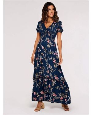 Apricot Florales Smokkleid Für Damen - Blau