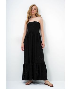 Trend Alaçatı Stili Schwarzes, Mit Gimp Gefüttertes, Trägerloses Guipure-Kleid Für Damen