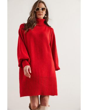 Olalook Rotes Rollkragenkleid Mit Ballonärmeln Lockeres Strickkleid Elb- 19000867 Für Damen