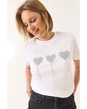 Bianco Lucci T-Shirt Aus Baumwolle Mit Stoned-Herz-Detail Und Kurzen Ärmeln Für Damen - Weiß
