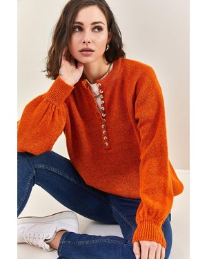 Bianco Lucci Strickpullover Mit Knopfloch-Rollkragenpullover Für Damen - Orange