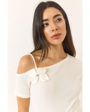 Bianco Lucci Bluse Mit Blumendetail, Einem Ärmel Und Dünnem Träger, Ottonom-Bluse 948 Für Damen - Natur