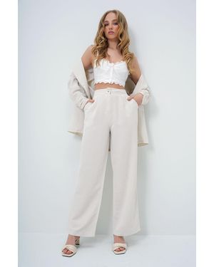 Trend Alaçatı Stili Palazzo-Hose Aus Leinen Mit Doppelter Tasche Für Damen - Weiß