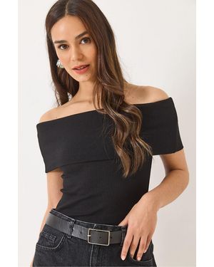 Bianco Lucci Bluse Mit Madonna-Kragen Und Geripptem Basic Für Damen - Schwarz