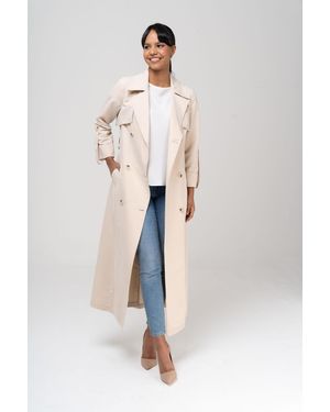 Olcay Mantel Detaillierter, Zweireihiger, Wasserabweisender, Ungefütterter Langer Trenchcoat Für Damen - Natur