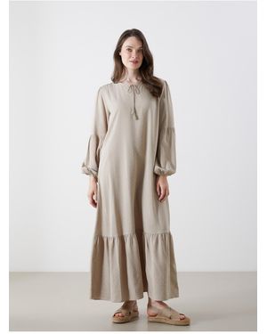 LC Waikiki Gemustertes A-Linien-Kleid Mit Schnürkragen Für Damen - Natur