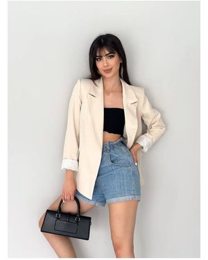 ZF BUTİK Ärmelfalte Innen Liner Gestreifte Blazerjacke Für Damen - Blau