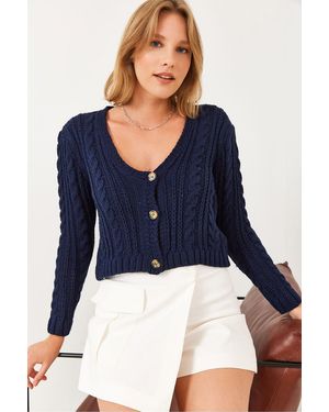 Bianco Lucci Strickjacke Mit V-Ausschnitt Und Geflochtenem Haar Für Damen - Blau