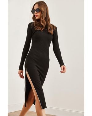 Olalook Schwarzes Midi-Kleid Mit Dehnbarem, Seitlichem Reißverschluss – Elb- 19002257 Für Damen