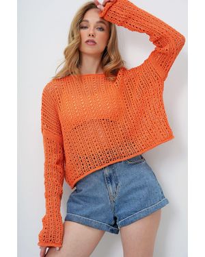 Trend Alaçatı Stili Orangefarbene Sommerbluse Mit U-Boot-Ausschnitt Und Durchbrochenem Strickmuster Für Damen