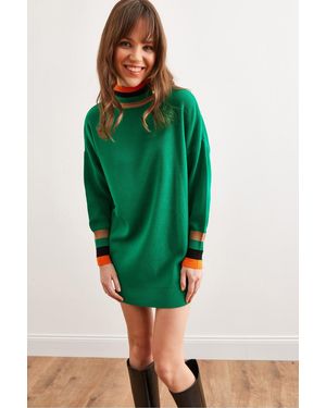 Olalook Grassgrünes Strick-Tunika-Kleid Mit Kragen Und Manschettendetail Elb- 19001992 Für Damen
