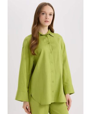 Defacto Relax Fit Leinen-Mischgewebe Langarmshirt Tunika D8183Ax25Sp Für Damen - Grün