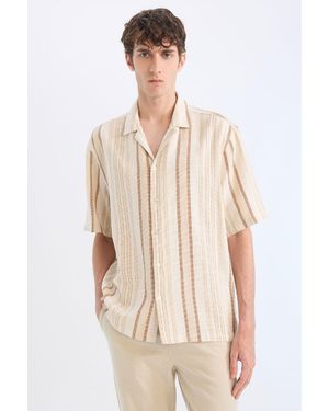 Defacto 100 Baumwolle Relax Fit Polokragen Gestreiftes Sommer-Kurzarmhemd D7459Ax25Sp Für Herren - Natur