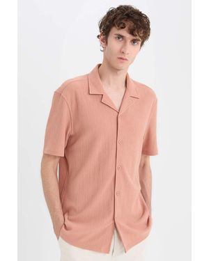 Defacto Modern Fit Polokragen Strukturierte Gekämmte Kurzarmhemden Für Herren - Pink