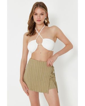 Trendyol Khakifarbener Shortsrock Aus Gewebter Leinenmischung Mit Bindeband Für Damen - Natur