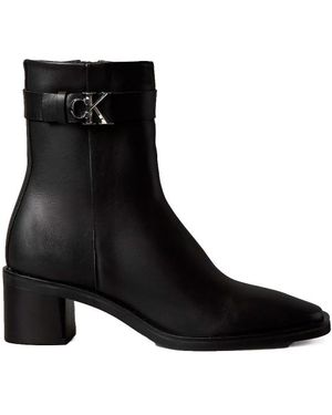 Calvin Klein Lederstiefeletten Mit Quadratischer Spitze Und Reißverschluss - Schwarz