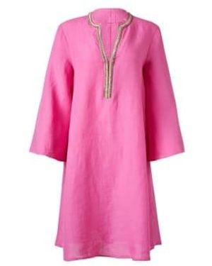 120% Lino 120 Linen Embellished V Neck Wide Sleeve Dress Size 8 Col - Rosa