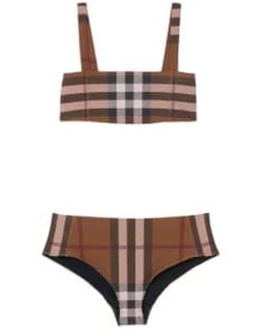 Burberry Check Pattern Logo Bikini - Brown