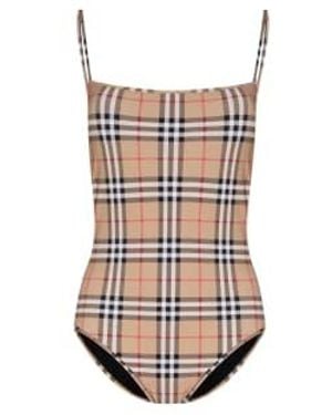 Burberry Archive Beige Vintage Check Logo One Piece Swimsuit Xs - Multicolour