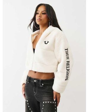TRUE RELIGION Faux Fur Logo Zip Jacket - White