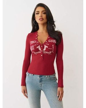 TRUE RELIGION Ribbed Faded Logo Henley Shirt - Red