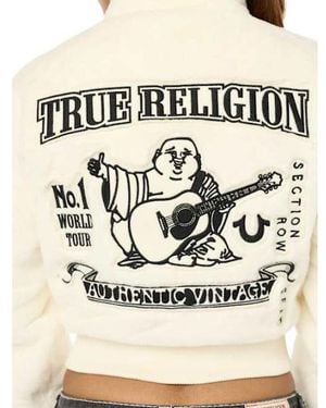 TRUE RELIGION Embroidered Faux Fur Zip-up Jacket - Natural