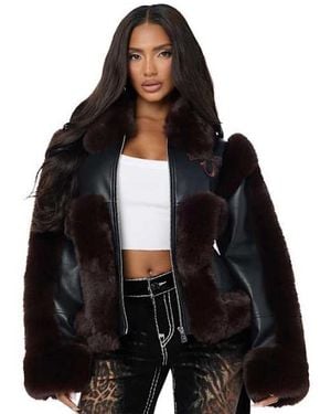 TRUE RELIGION Embroidered Horseshoe Faux Leather Fur Jacket - Black