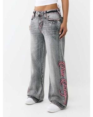 TRUE RELIGION Bobbi Mid Rise Big T Script Flap Baggy Jean - Gray