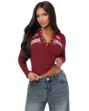 TRUE RELIGION Ribbed Polo Henley Shirt Long Sleeve Top - Red