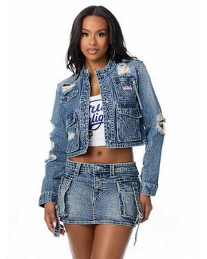 TRUE RELIGION Distressed Big T Cargo Jacket - Blue
