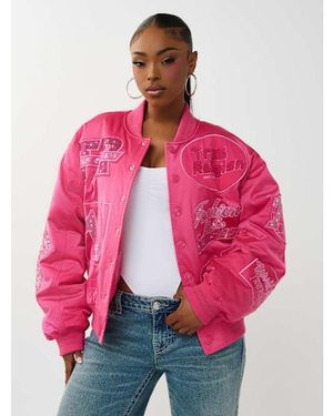 TRUE RELIGION Crystal Logo Nylon Bomber Jacket - Pink